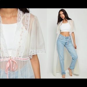 Long Robe Sheer Lingerie Jacket 70s White LACE Kimono Robe Maxi Vintage large
